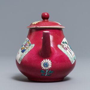 A Chinese famille rose ruby-ground teapot, three cups and two saucers, Yongzheng — photo 13