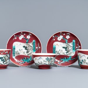 A Chinese famille rose ruby-ground teapot, three cups and two saucers, Yongzheng — photo 2