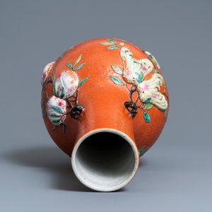 A Chinese famille rose 'sanduo' vase with applied design on a coral red ground, 19th C. — photo 6