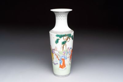 A Chinese famille rose 'Sanxing' vase, Qianlong mark, 20th C.