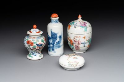 A Chinese famille rose seal paste box and a covered jarlet, a miniature wucai vase and a blue and white snuff bottle, Kangxi mark, 19/20th C.