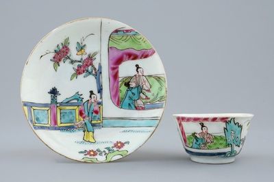 A Chinese famille rose semi-eggshell cup and saucer "The Romance of the Western Chamber", Yongzheng, 1723-1735