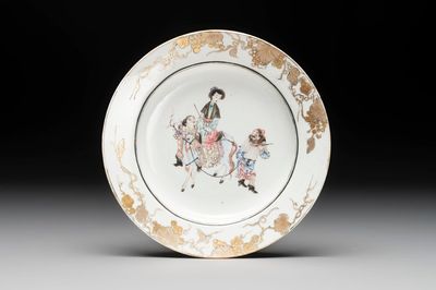 A Chinese famille rose semi-eggshell plate with a lady on horseback and attendants, Yongzheng
