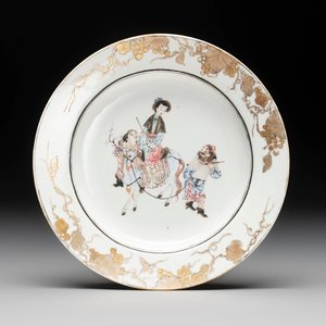 A Chinese famille rose semi-eggshell plate with a lady on horseback and attendants, Yongzheng — photo 1