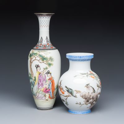 A Chinese famille rose semi-eggshell vase and a qianjiang cai vase, Jing De Zhen 景德鎮 mark, signed Zhao Huimin 趙惠民 and Liu Yucen 劉雨岑, dated 1978 and 1960