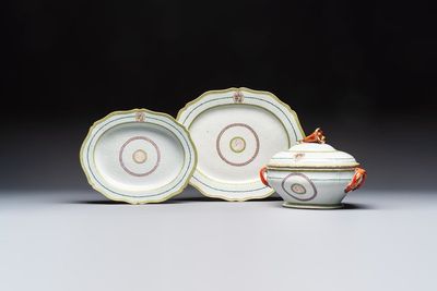 A Chinese famille rose serving dish, a covered tureen and stand with the arms of Peter van Hemert for the Danish market, Qianlong, ca. 1780