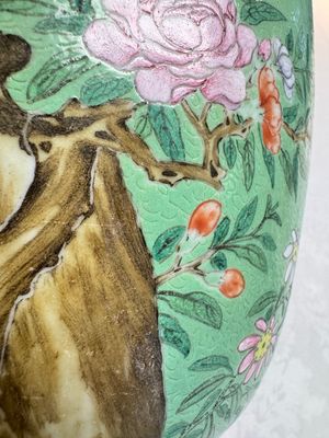 A Chinese famille rose sgraffiato lime-green-ground 'Birds among Flowering Branches' vase, Qianlong mark, 19th C. — photo 18