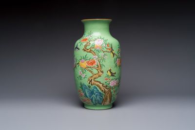 A Chinese famille rose sgraffiato lime-green-ground 'Birds among Flowering Branches' vase, Qianlong mark, 19th C.