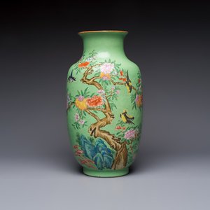 A Chinese famille rose sgraffiato lime-green-ground 'Birds among Flowering Branches' vase, Qianlong mark, 19th C. — photo 1