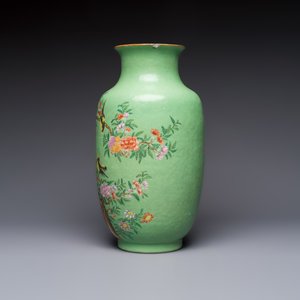 A Chinese famille rose sgraffiato lime-green-ground 'Birds among Flowering Branches' vase, Qianlong mark, 19th C. — photo 2