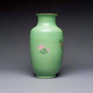 A Chinese famille rose sgraffiato lime-green-ground 'Birds among Flowering Branches' vase, Qianlong mark, 19th C. — photo 3