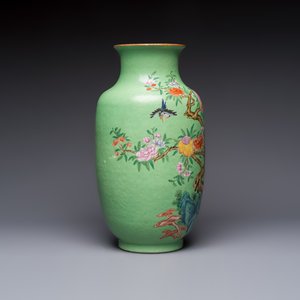 A Chinese famille rose sgraffiato lime-green-ground 'Birds among Flowering Branches' vase, Qianlong mark, 19th C. — photo 4