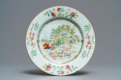 A Chinese famille rose 'shepherds' plate, Qianlong