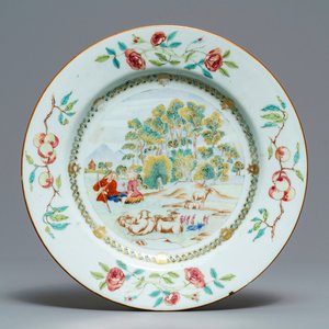 A Chinese famille rose 'shepherds' plate, Qianlong — 照片 1