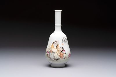 A Chinese famille rose 'Shoulao' bottle vase, signed Wang Qi 王琦, Taozhai 匋斋 seal mark, dated 1943