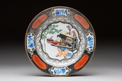 A Chinese famille rose silver and gilt-decorated plate with a lady playing guqin, Yongzheng/Qianlong