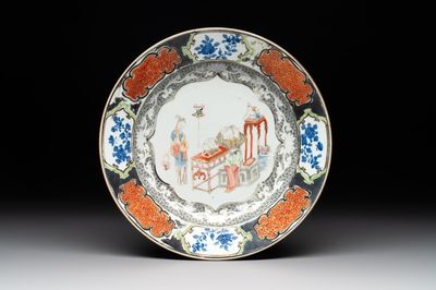 A Chinese famille rose silver and gilt-decorated plate with figural design, Yongzheng/Qianlong