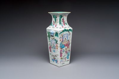 A Chinese famille rose square vase with narrative design, 19th C.