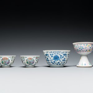 A Chinese famille rose stem cup, a blue and white bowl and a pair of doucai bowls, Yongzheng and later — photo 3