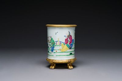 A Chinese famille rose 'Tao Yuanming 陶淵明' brush pot with gilt bronze mounts, Yongzheng