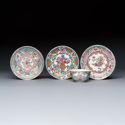 A Chinese famille rose tea bowl with figural design and three saucers with floral design, Yongzheng/Qianlong