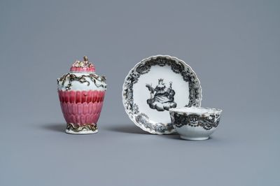 A Chinese famille rose tea caddy and a grisaille cup and saucer, Yongzheng/Qianlong