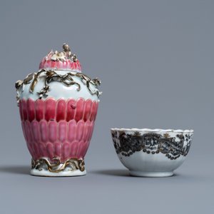A Chinese famille rose tea caddy and a grisaille cup and saucer, Yongzheng/Qianlong — photo 7