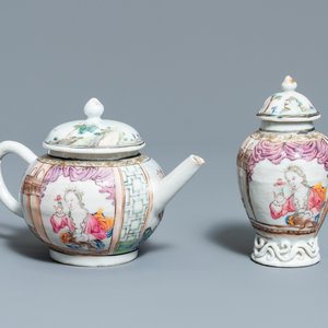 A Chinese famille rose teapot and caddy with a lady holding a small dog, Yongzheng/Qianlong — photo 1