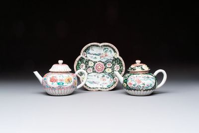 A Chinese famille rose teapot and stand, and a famille rose black-ground teapot, Yongzheng/Qianlong