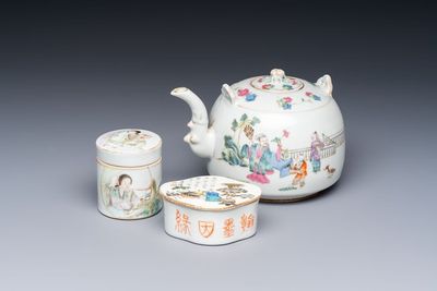 A Chinese famille rose teapot and two covered boxes, various marks, Republic