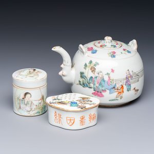 A Chinese famille rose teapot and two covered boxes, various marks, Republic — photo 1