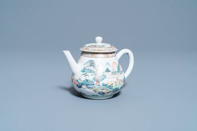 A Chinese famille rose teapot with a fine mountainous landscape, Yongzheng
