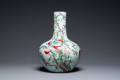A Chinese famille rose 'tianqiu ping' 'nine peaches' vase, Qianlong mark, 19th C.