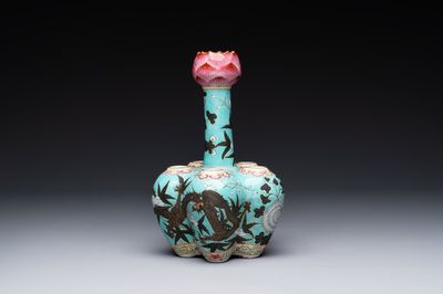 A Chinese famille rose turquoise-ground 'dragon' flower vase, 19th C.