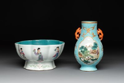 A Chinese famille rose turquoise-ground 'hu' vase and a 'ladies' bowl, Qianlong mark, Republic