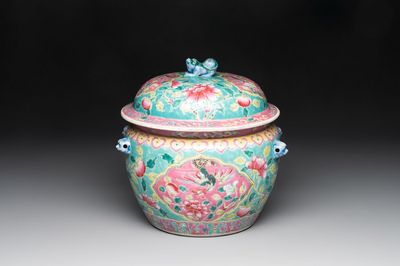 A Chinese famille rose turquoise-ground 'kamcheng' bowl and cover for the Straits or Peranakan market, 19th C.
