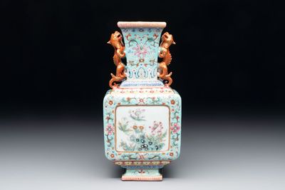 A Chinese famille rose turquoise-ground rectangular vase with floral design, Qianlong mark, Republic