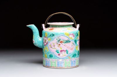 A Chinese famille rose turquoise-ground teapot for the Straits or Peranakan market, Zhong Hua Min Guo 中華民國 mark, Republic.