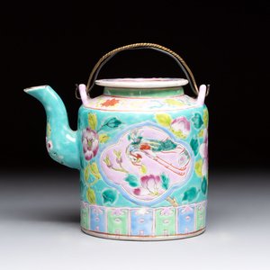A Chinese famille rose turquoise-ground teapot for the Straits or Peranakan market, Zhong Hua Min Guo 中華民國 mark, Republic. — photo 1