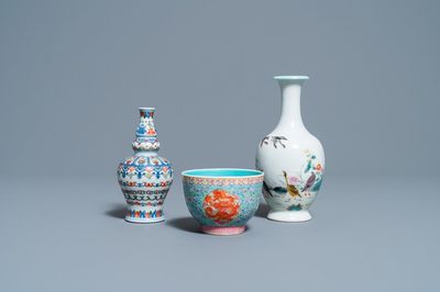 A Chinese famille rose vase, a 'dragon' bowl and a wucai vase, Republic
