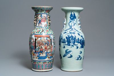 A Chinese famille rose vase and a blue and white celadon-ground vase, 19th C.