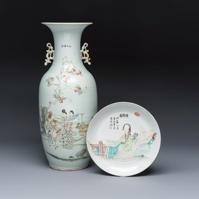 A Chinese famille rose vase and a qianjiang cai dish, Guangxu mark and one signed Yu Yongxiang 余永祥, 19/20th C., one dated 1895