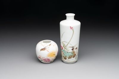 A Chinese famille rose vase and a small jar, signed Bi Botao 毕伯涛, dated 1935 and 1936