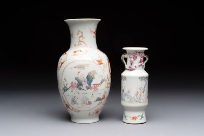 A Chinese famille rose vase and a small qianjiang cai vase, Qianlong mark, 19th C.