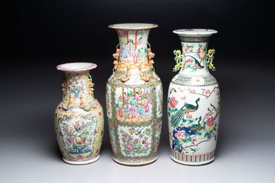 A Chinese famille rose vase and two Canton famille rose vases, 19/20th C.