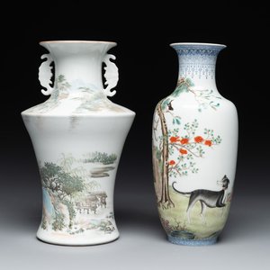 A Chinese famille rose vase, Qianlong and Shinian 世寧 mark, 20th C., and a qianjiang cai vase, signed Ren Huanzhang 任煥章, dated 1942 — photo 1
