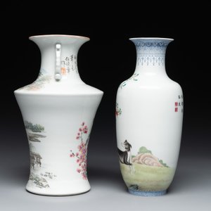 A Chinese famille rose vase, Qianlong and Shinian 世寧 mark, 20th C., and a qianjiang cai vase, signed Ren Huanzhang 任煥章, dated 1942 — photo 2