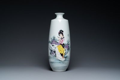 A Chinese famille rose vase with a lady on a rock, Jingdezhen zhi mark, 20th C.
