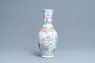 A Chinese famille rose vase with a tattoo scene from 'Jing Zhang Bao Guo', Qianlong mark, 19/20th C.