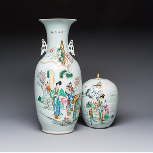 A Chinese famille rose vase with figural design and a covered jar, 19/20th C. — photo 1